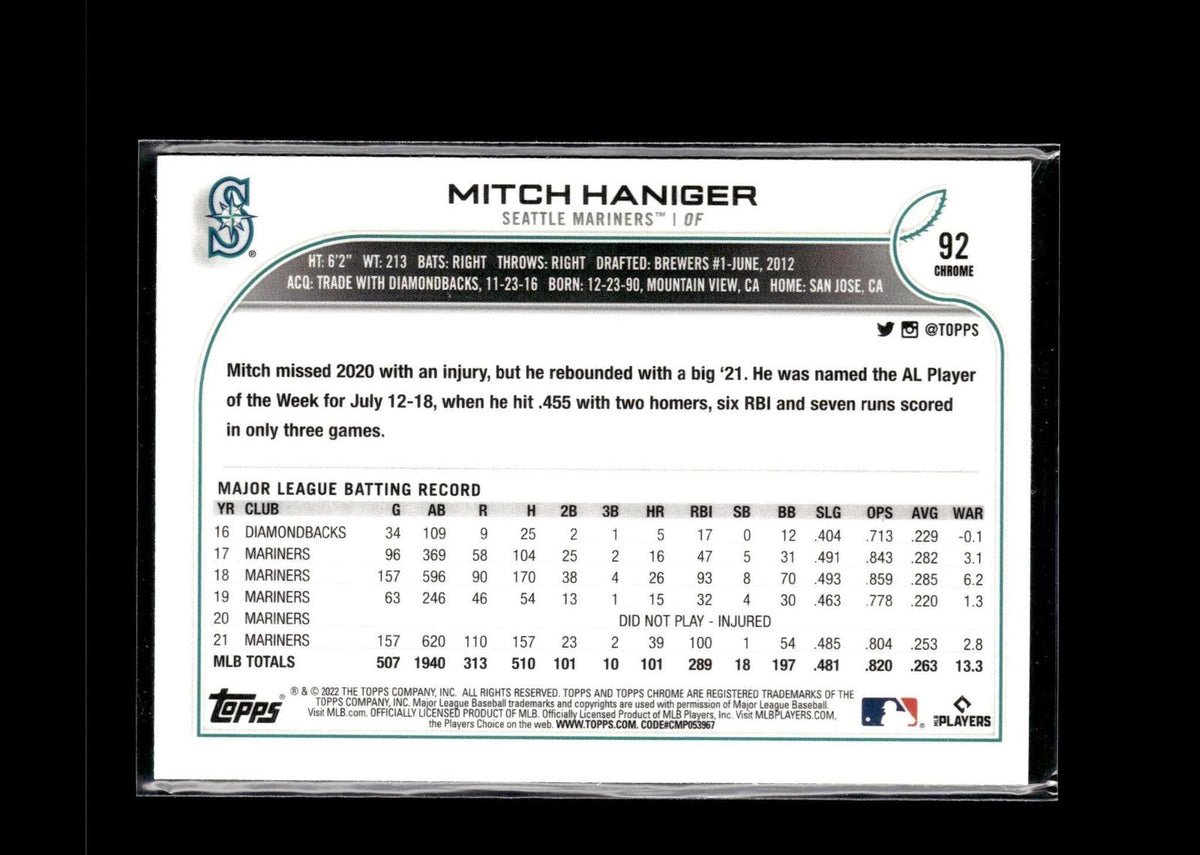 Mitch Haniger #92 Refractor 2022 Topps Chrome Sonic Seattle Mariners