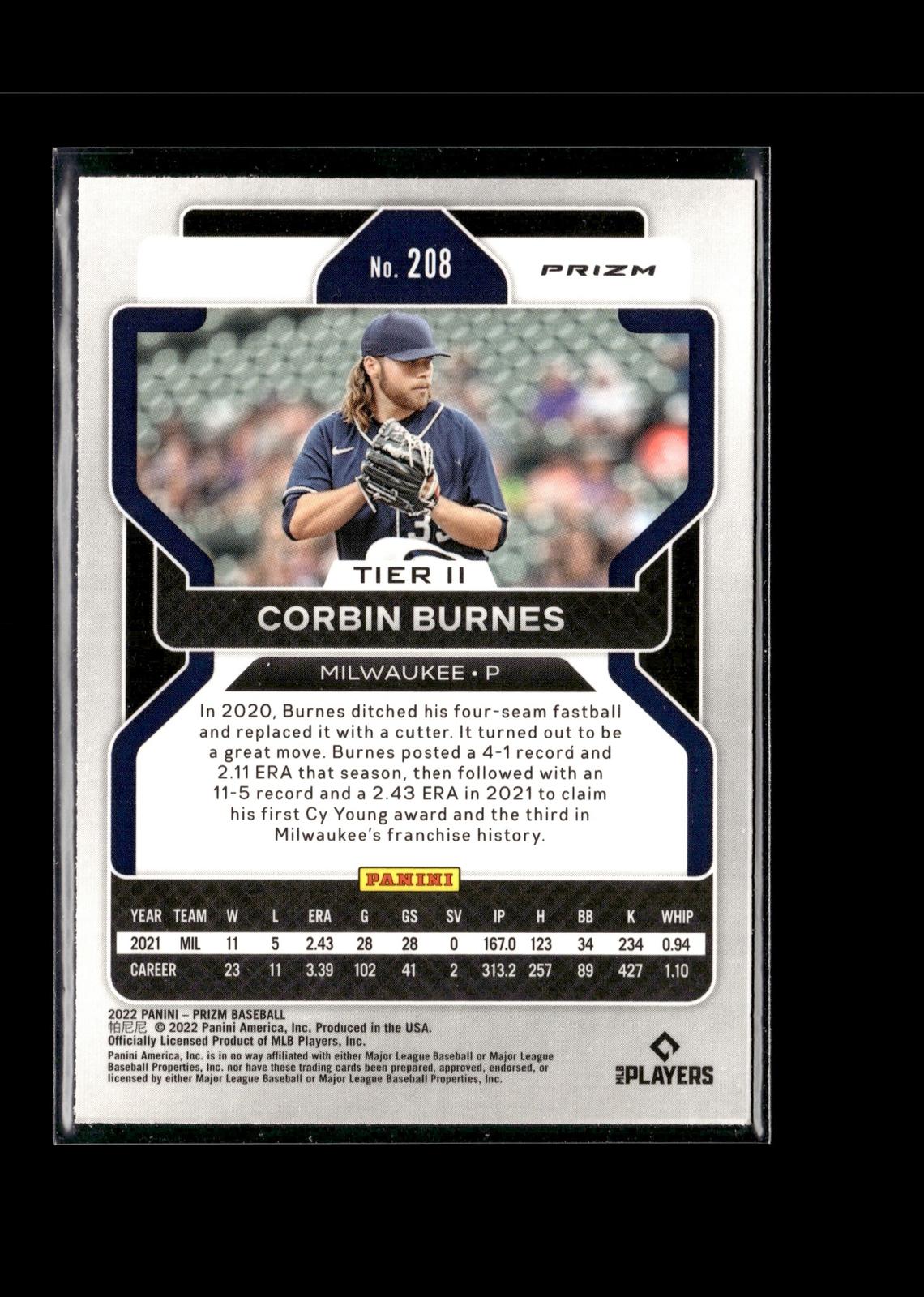 Corbin Burnes #208 Red/White/Blue Prizm 2022 Panini Prizm Milwaukee Brewers
