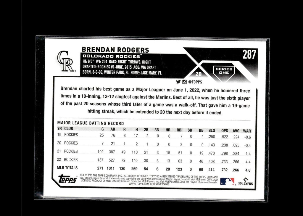 Brendan Rodgers #287 Rainbow Foil 2023 Topps Colorado Rockies