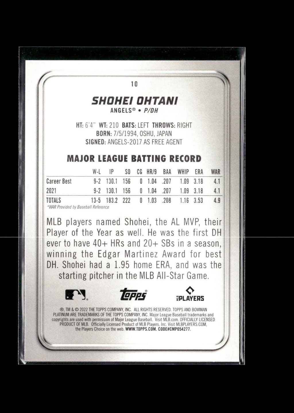 Shohei Ohtani #10 2022 Bowman Platinum Los Angeles Angels