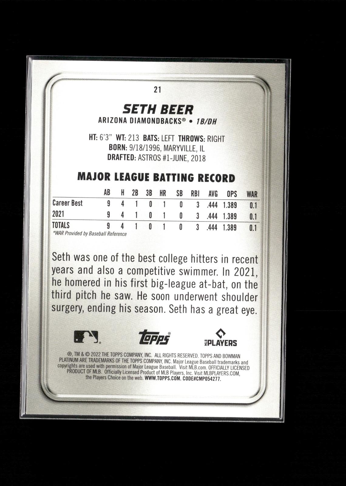 Seth Beer #21 2022 Bowman Platinum Arizona Diamondbacks RC