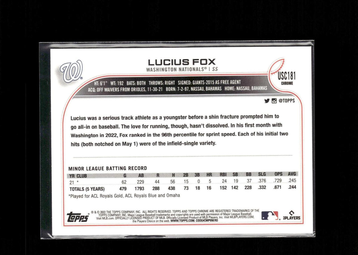 Lucius Fox #USC181 2022 Topps Chrome Update Washington Nationals RC