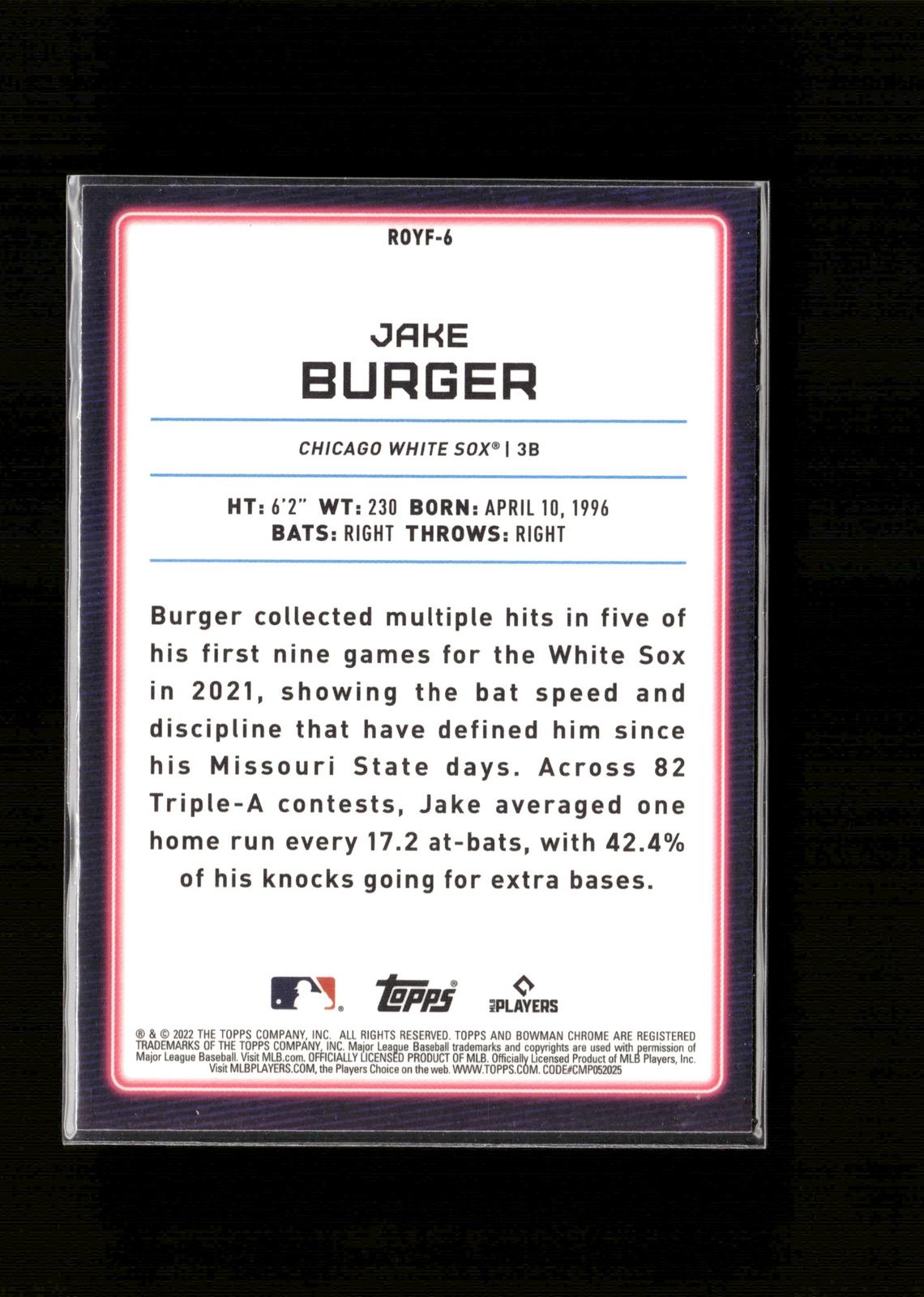 Jake Burger #ROYF-6 Rookie of the Year Mojo Refractor 2022 Bowman White Sox