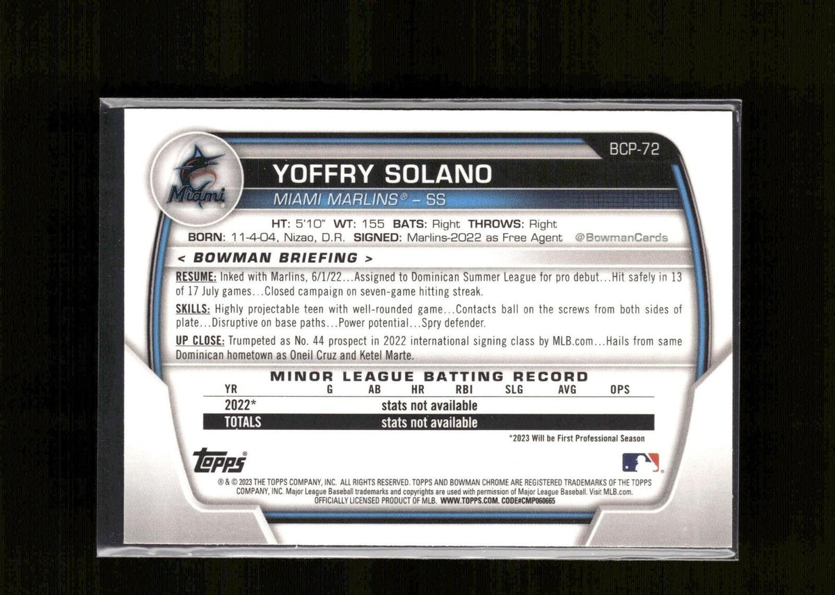 Yoffry Solano #BCP-72 Chrome Prospects 2023 Bowman Miami Marlins