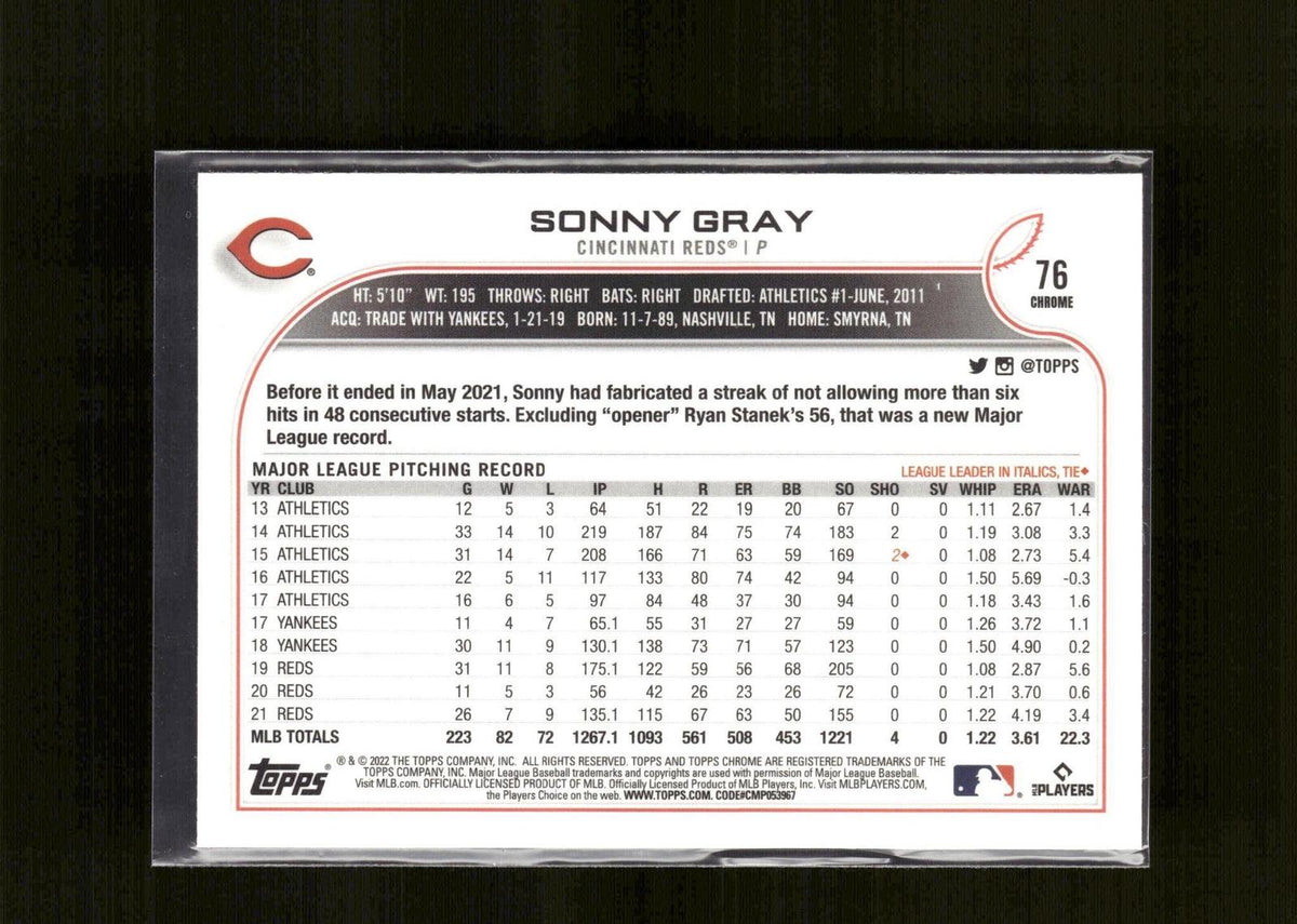 Sonny Gray #76 Sepia Refractor 2022 Topps Chrome Cincinnati Reds