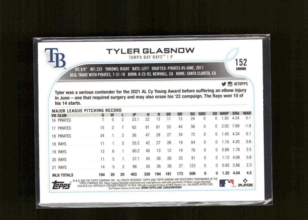 Tyler Glasnow #152 Sepia Refractor 2022 Topps Chrome Tampa Bay Rays