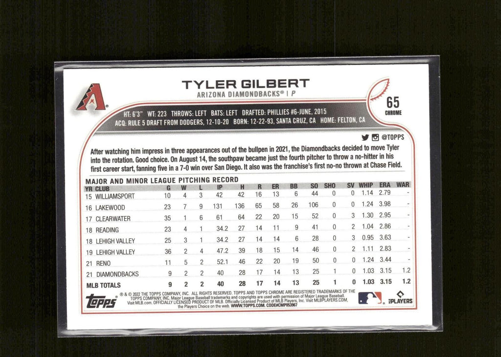 Tyler Gilbert #65 Sepia Refractor 2022 Topps Chrome Arizona Diamondbacks