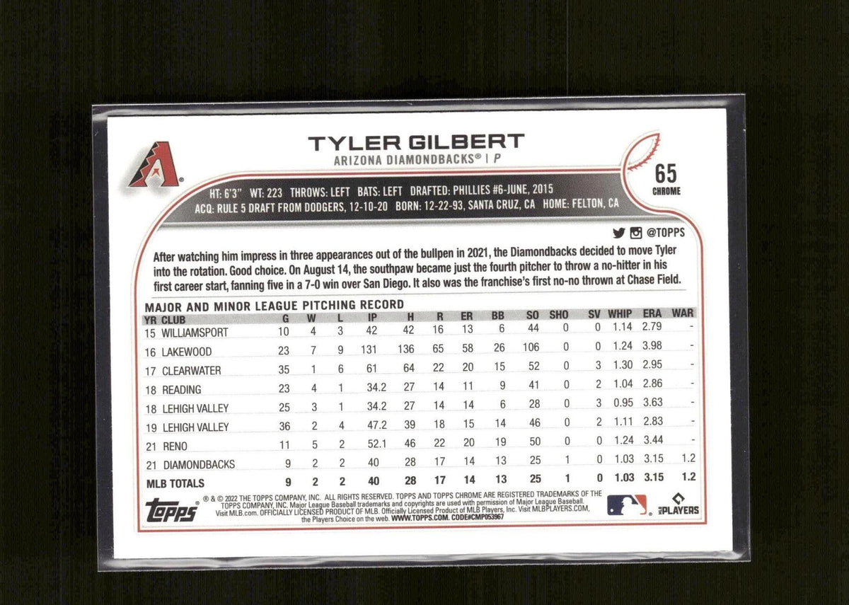 Tyler Gilbert #65 Sepia Refractor 2022 Topps Chrome Arizona Diamondbacks