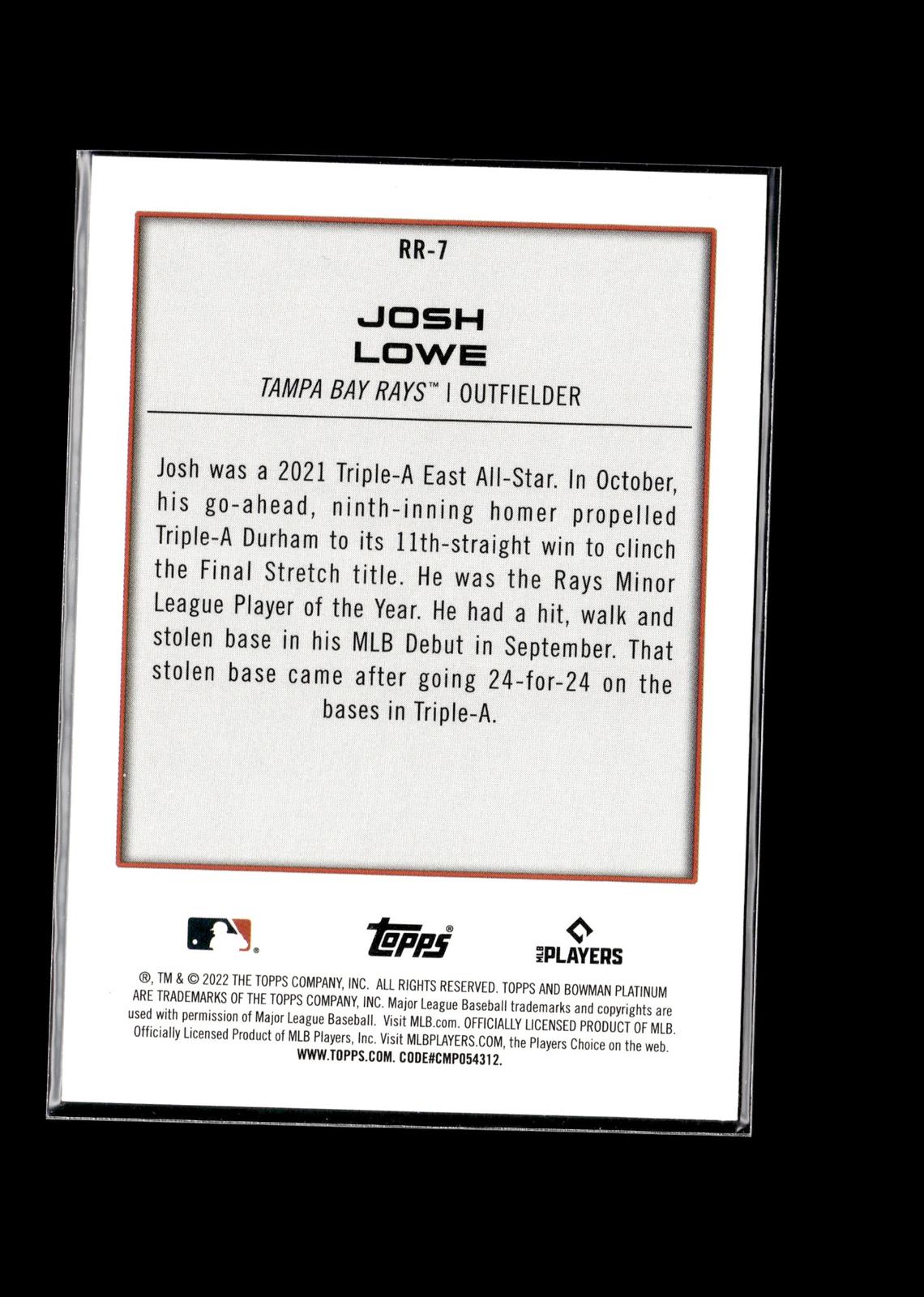Josh Lowe #RR-7 Renowned Rookies 2022 Bowman Platinum Tampa Bay Rays