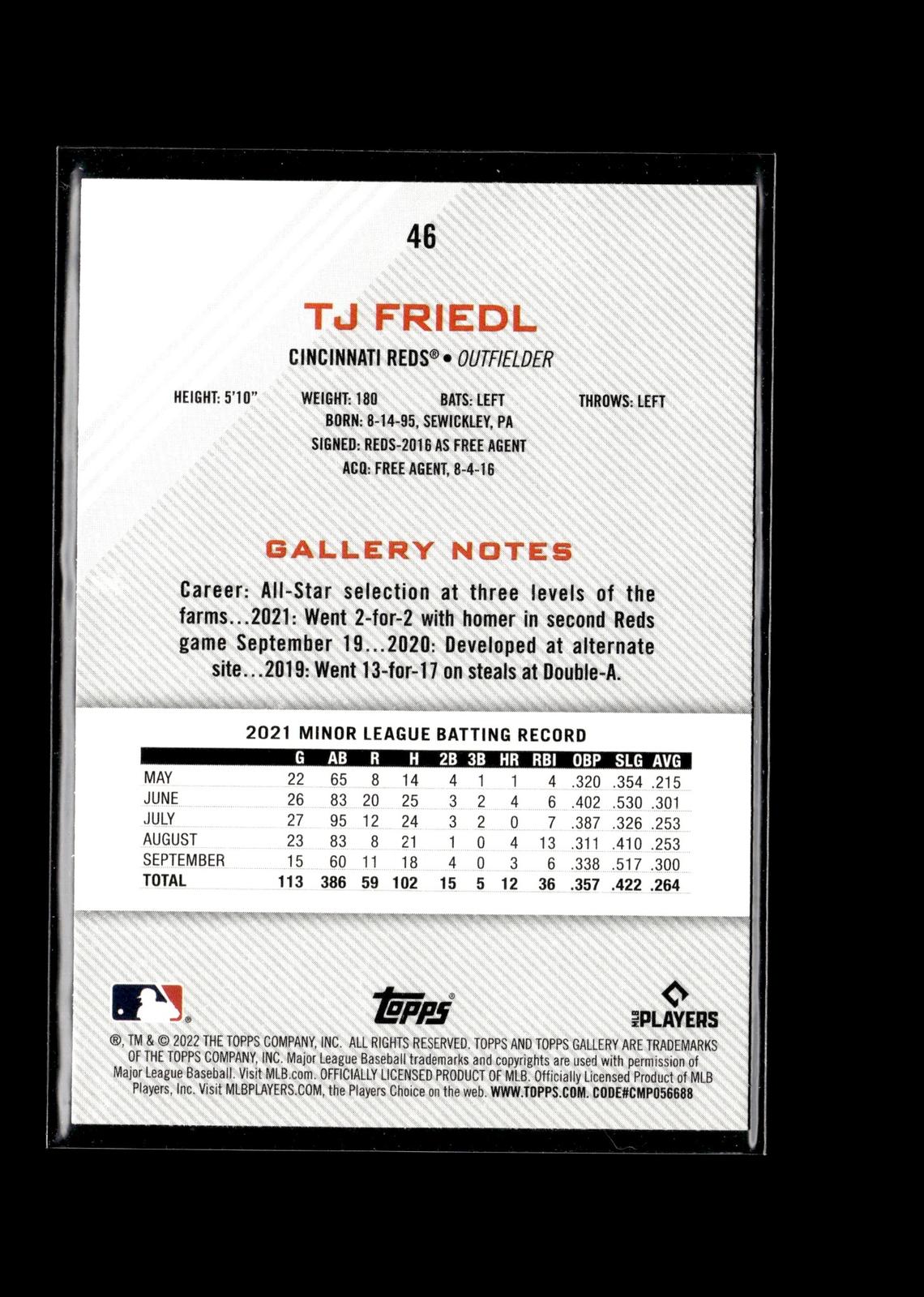 TJ Friedl #46 Rainbow Foil 2022 Topps Gallery Cincinnati Reds