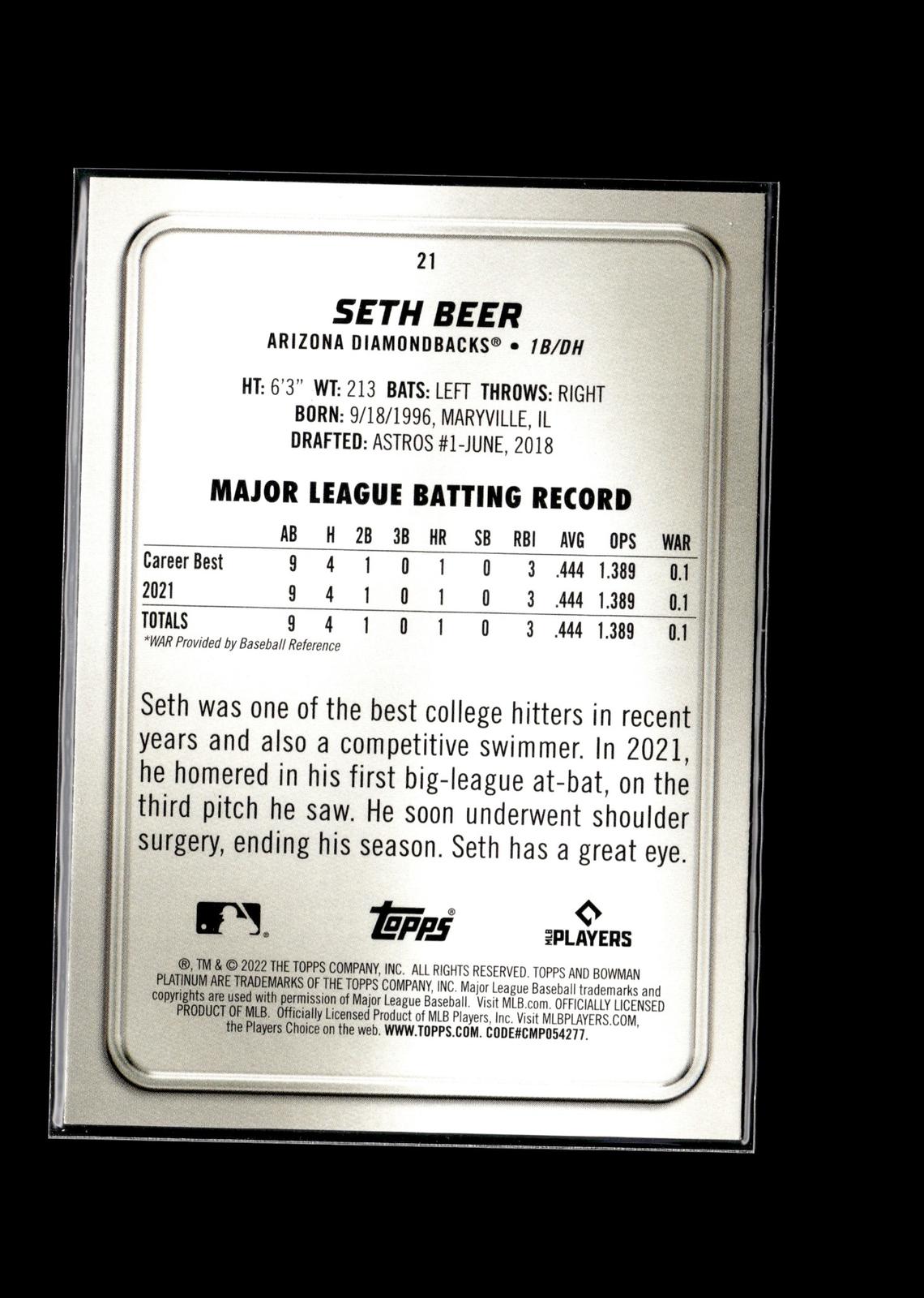 Seth Beer #21 Ice Foilboard 2022 Bowman Platinum Arizona Diamondbacks RC