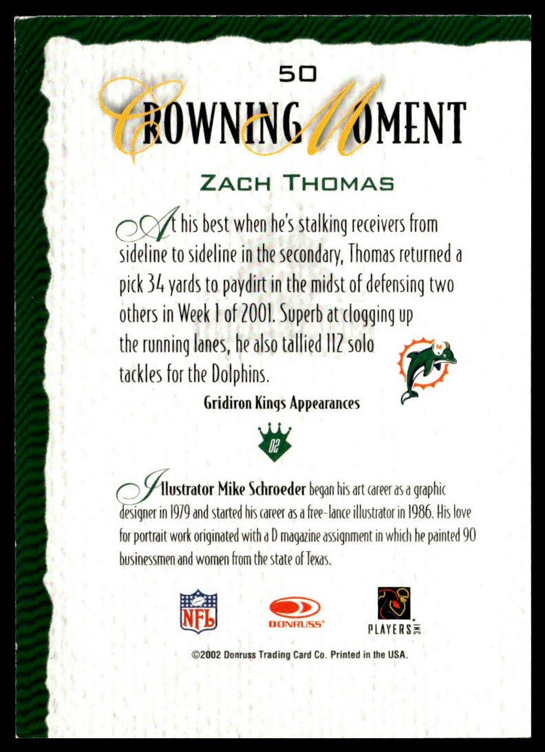 Zach Thomas #50 2002 Donruss Gridiron Kings Miami Dolphins