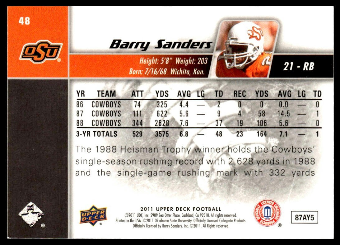 Barry Sanders #48 2011 Upper Deck Oklahoma State Cowboys