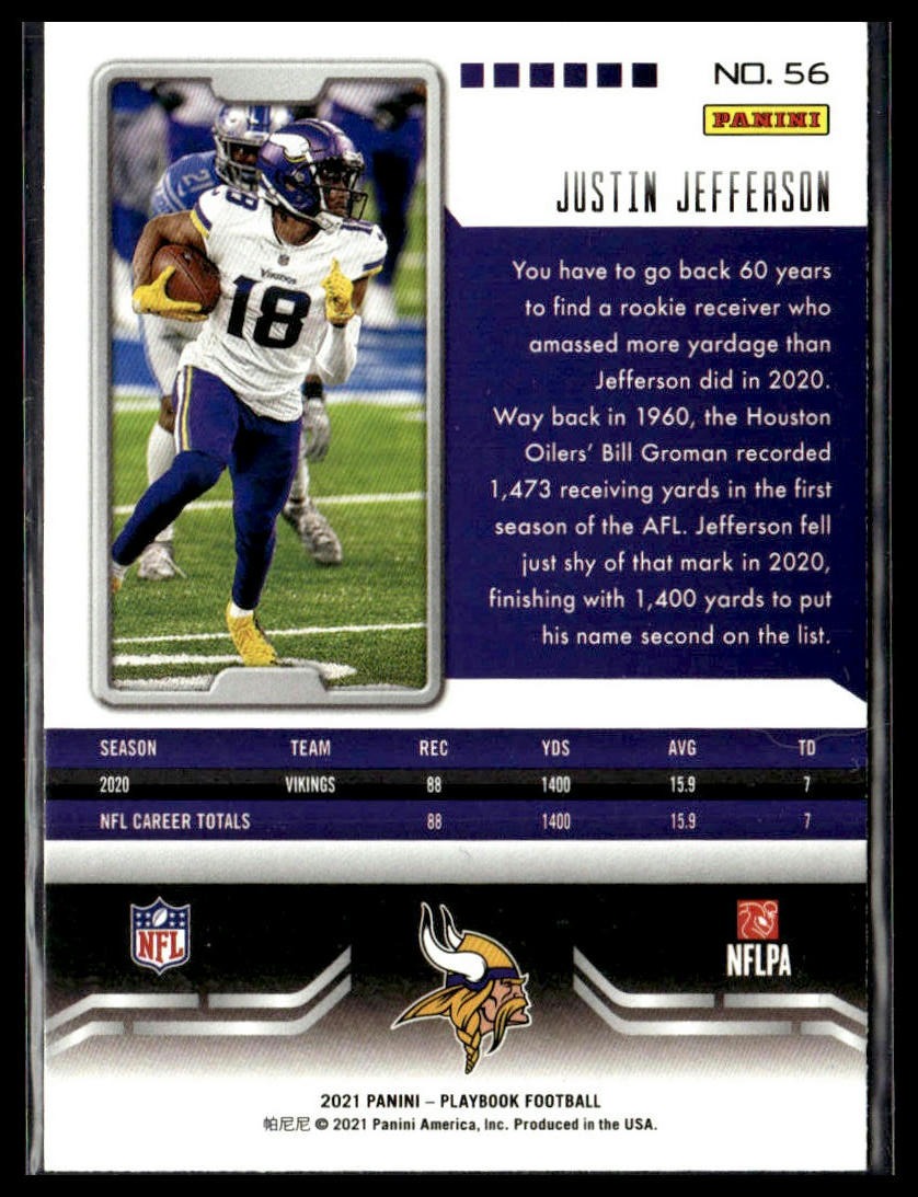 Justin Jefferson #56 Purple 2021 Panini Playbook Minnesota Vikings