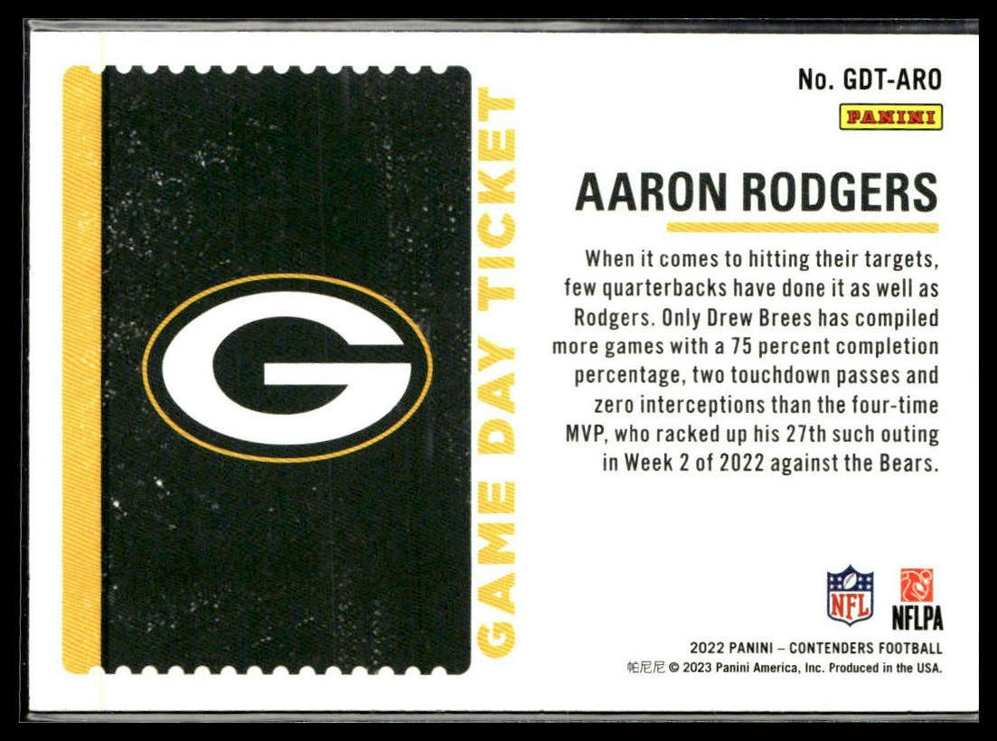 Aaron Rodgers #GDT-ARO Game Day Ticket Emerald 2022 Panini Contenders Packers