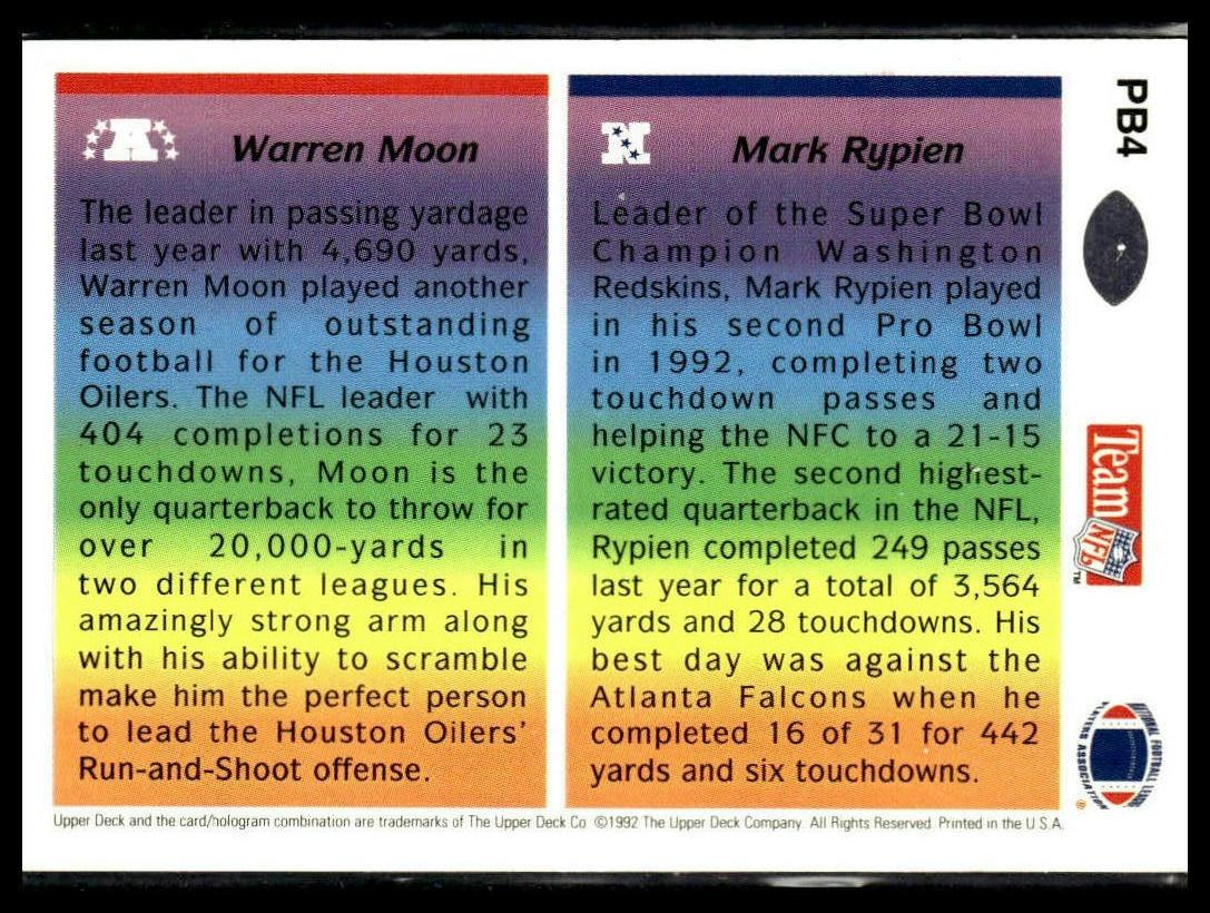 Warren Moon / Mark Rypien #PB4 Pro Bowl 1992 Upper Deck