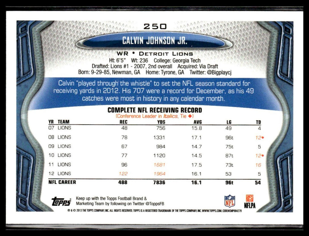 Calvin Johnson #250 2013 Topps Detroit Lions