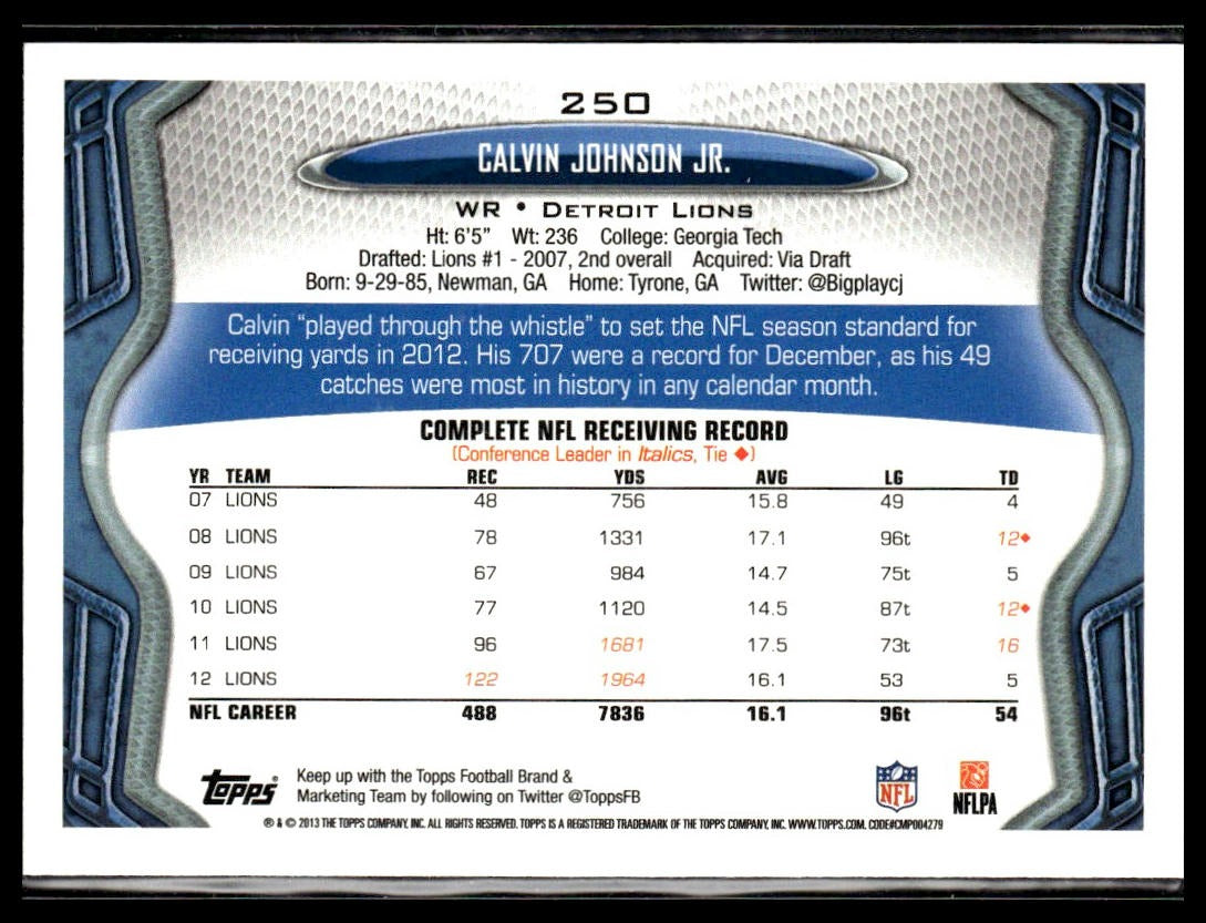 Calvin Johnson #250 2013 Topps Detroit Lions
