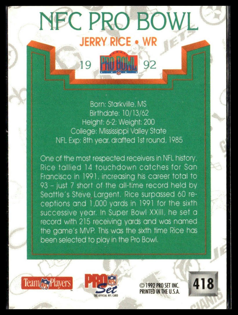 Jerry Rice #418 1992 Pro Set San Francisco 49ers