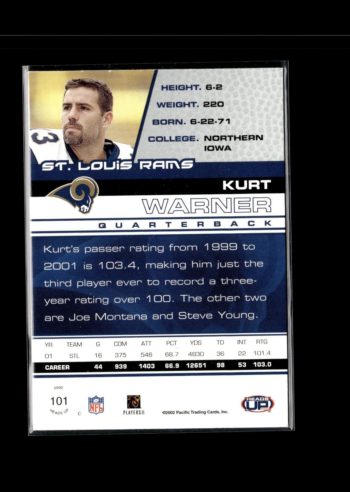 Kurt Warner #101 2002 Pacific Heads Up St. Louis Rams