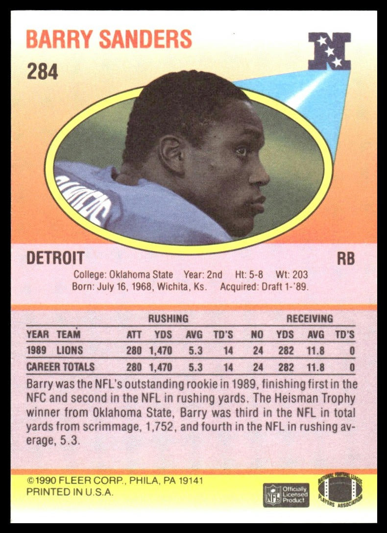 Barry Sanders #284 1990 Fleer Detroit Lions