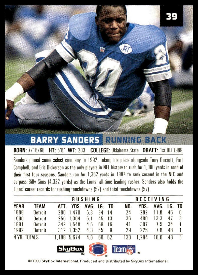 Barry Sanders #39 1993 SkyBox Premium Detroit Lions