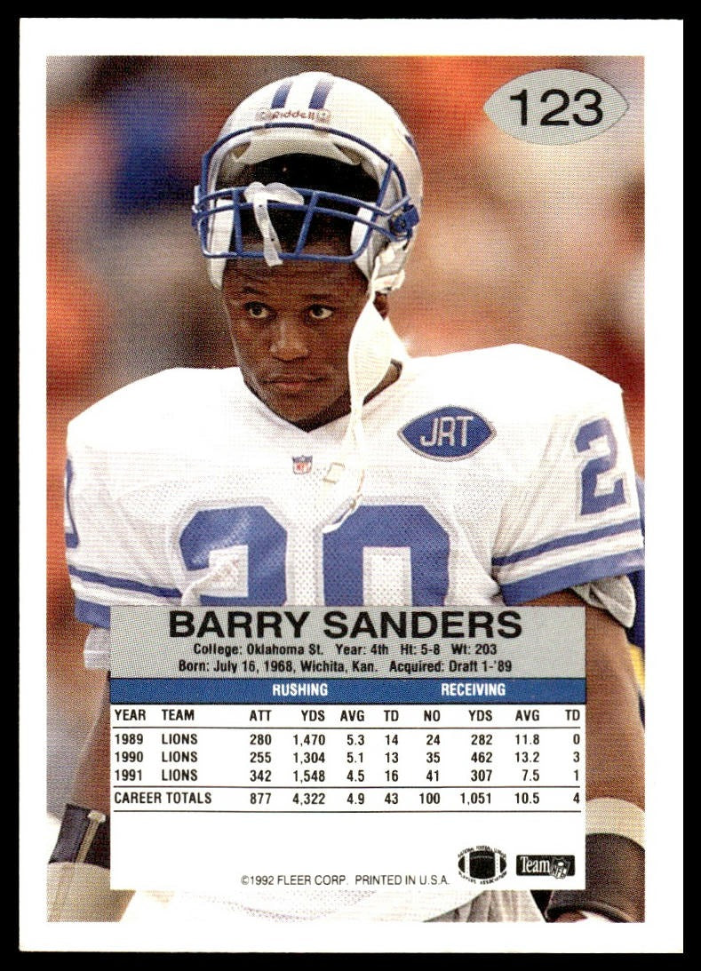 Barry Sanders #123 1992 Fleer Detroit Lions