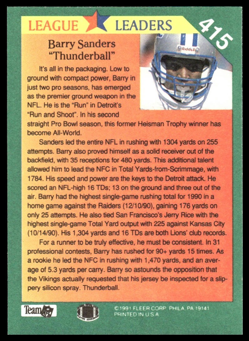 Barry Sanders #415 1991 Fleer Detroit Lions