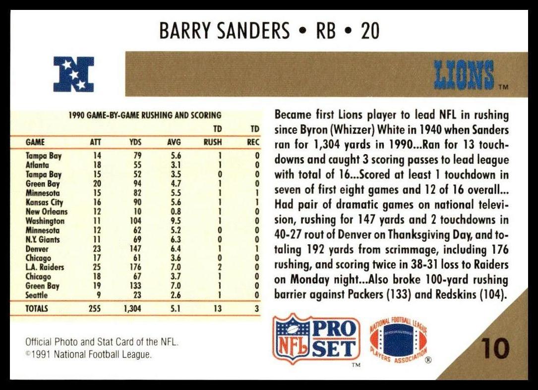 Barry Sanders #10 1991 Pro Set Detroit Lions
