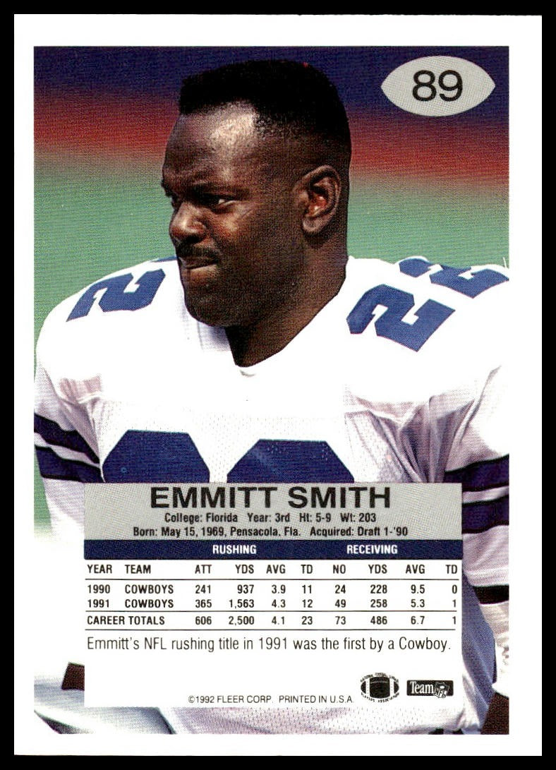 Emmitt Smith #89 1992 Fleer Dallas Cowboys