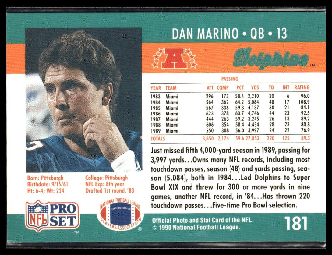 Dan Marino #181 1990 Pro Set Miami Dolphins