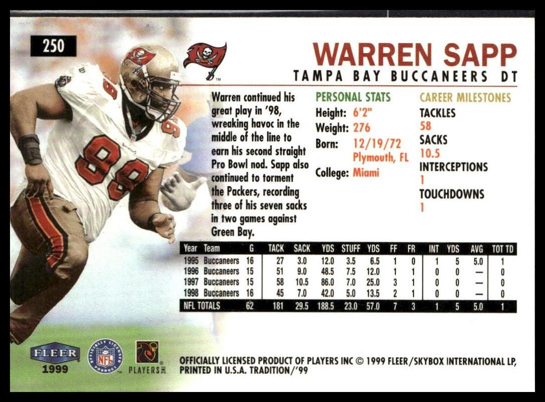 Warren Sapp #250 1999 Fleer Tradition Tampa Bay Buccaneers