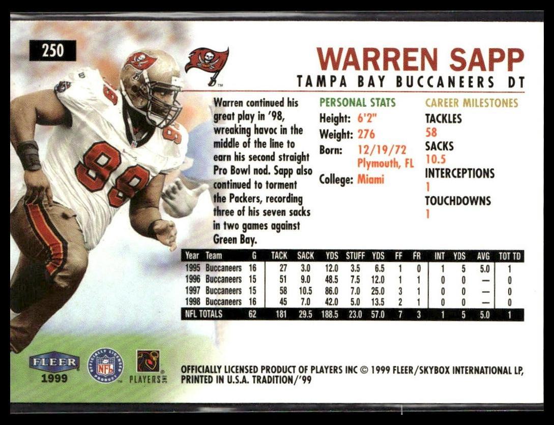 Warren Sapp #250 1999 Fleer Tradition Tampa Bay Buccaneers