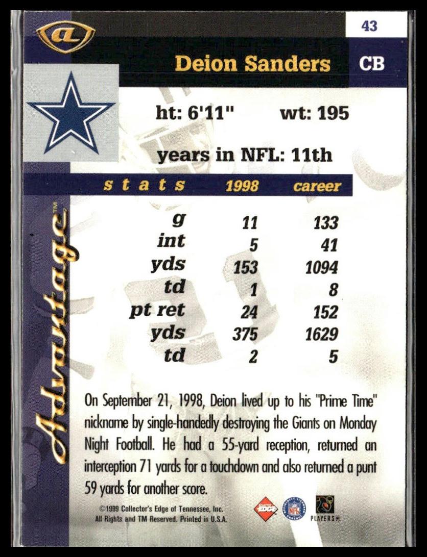Deion Sanders #43 1999 Collector's Edge Advantage Dallas Cowboys