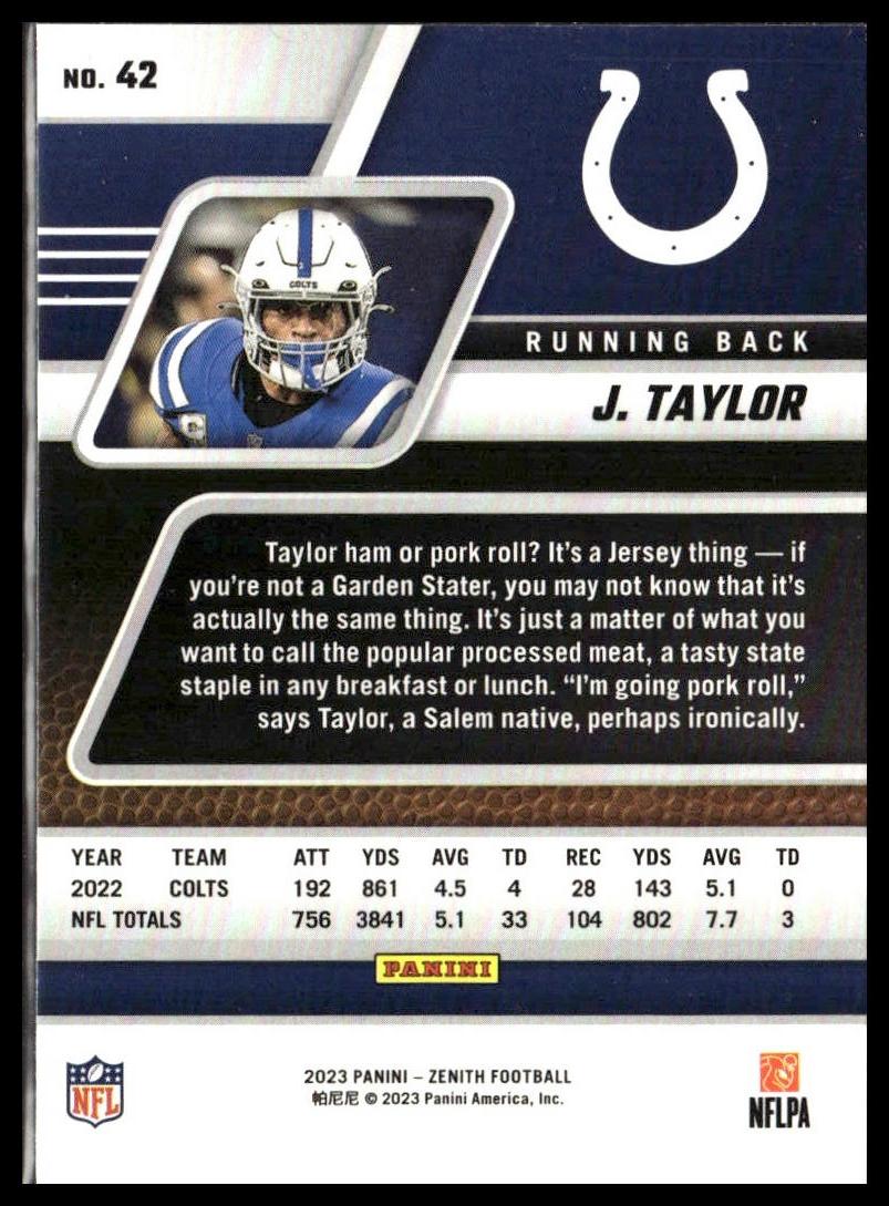 Jonathan Taylor #42 2023 Panini Zenith Indianapolis Colts