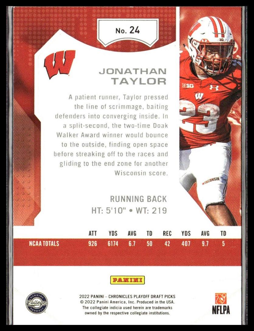 Jonathan Taylor #24 Playoff 2022 Panini Chronicles Draft Picks Wisconsin Badgers