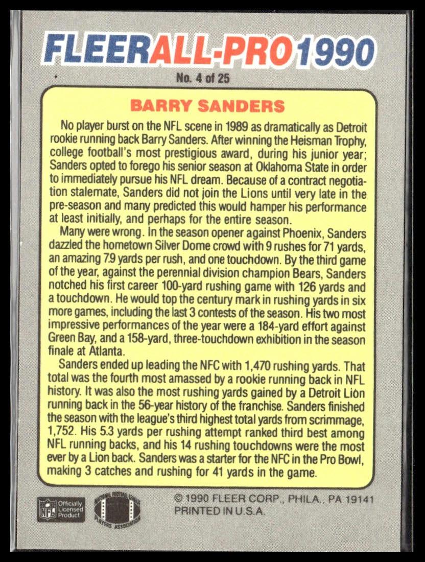 Barry Sanders #4 All-Pro 1990 Fleer Detroit Lions