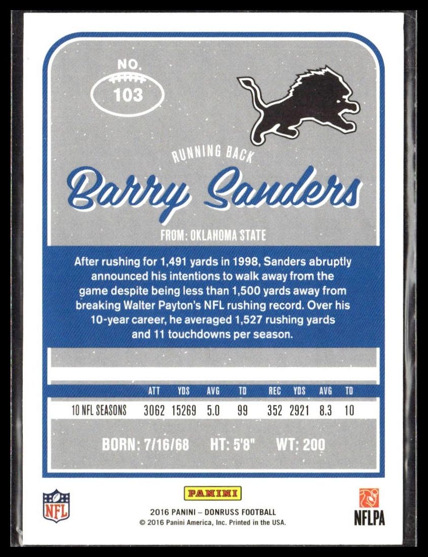 Barry Sanders #103 2016 Donruss Detroit Lions