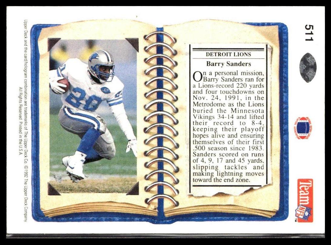 Barry Sanders #511 1992 Upper Deck Detroit Lions