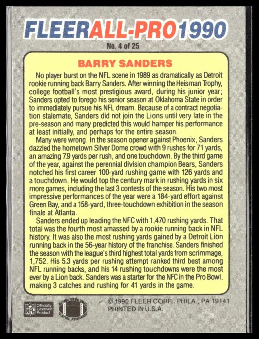 Barry Sanders #4 All-Pro 1990 Fleer Detroit Lions