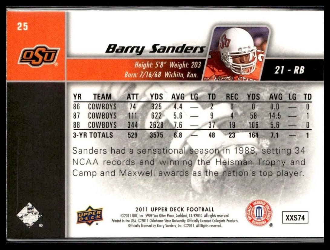 Barry Sanders #25 2011 Upper Deck Oklahoma State Cowboys