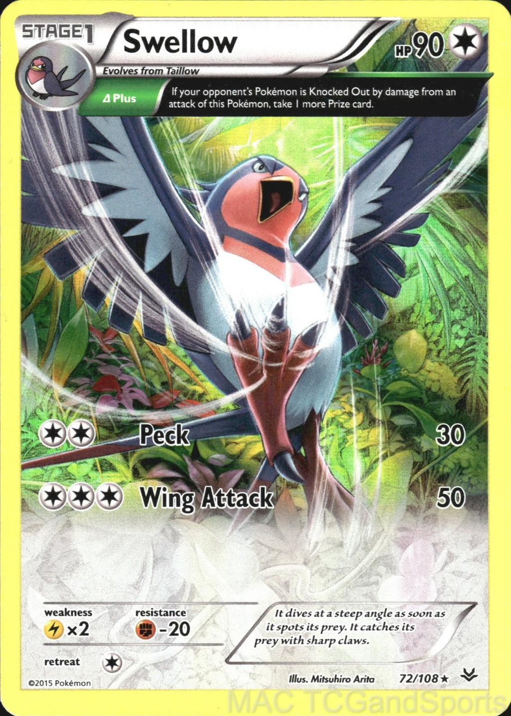 Swellow 72/108 Holo Roaring Skies Pokemon TCG LP