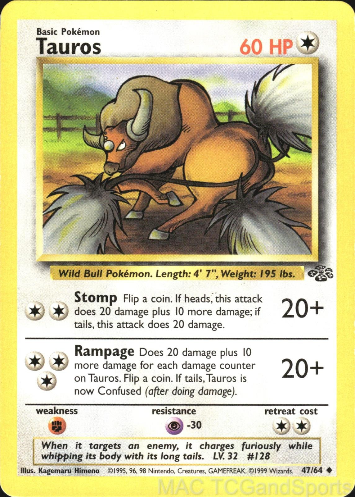 Tauros 47/64 Unlimited Jungle Pokemon TCG LP
