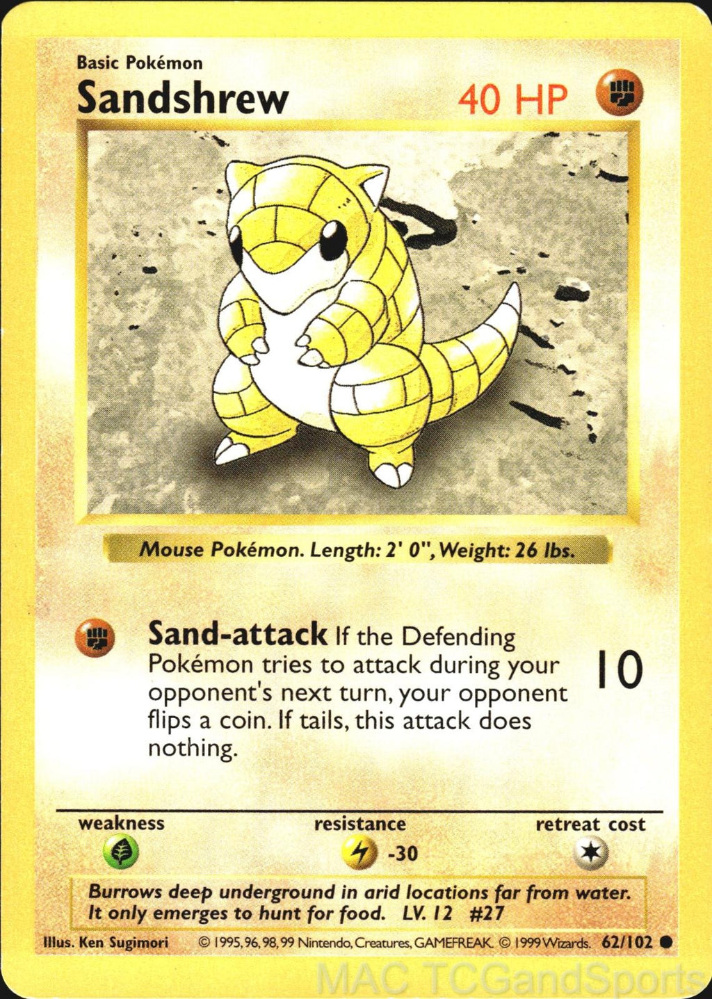 Sandshrew 62/102 Unlimited Base Set Shadowless Pokemon TCG LP