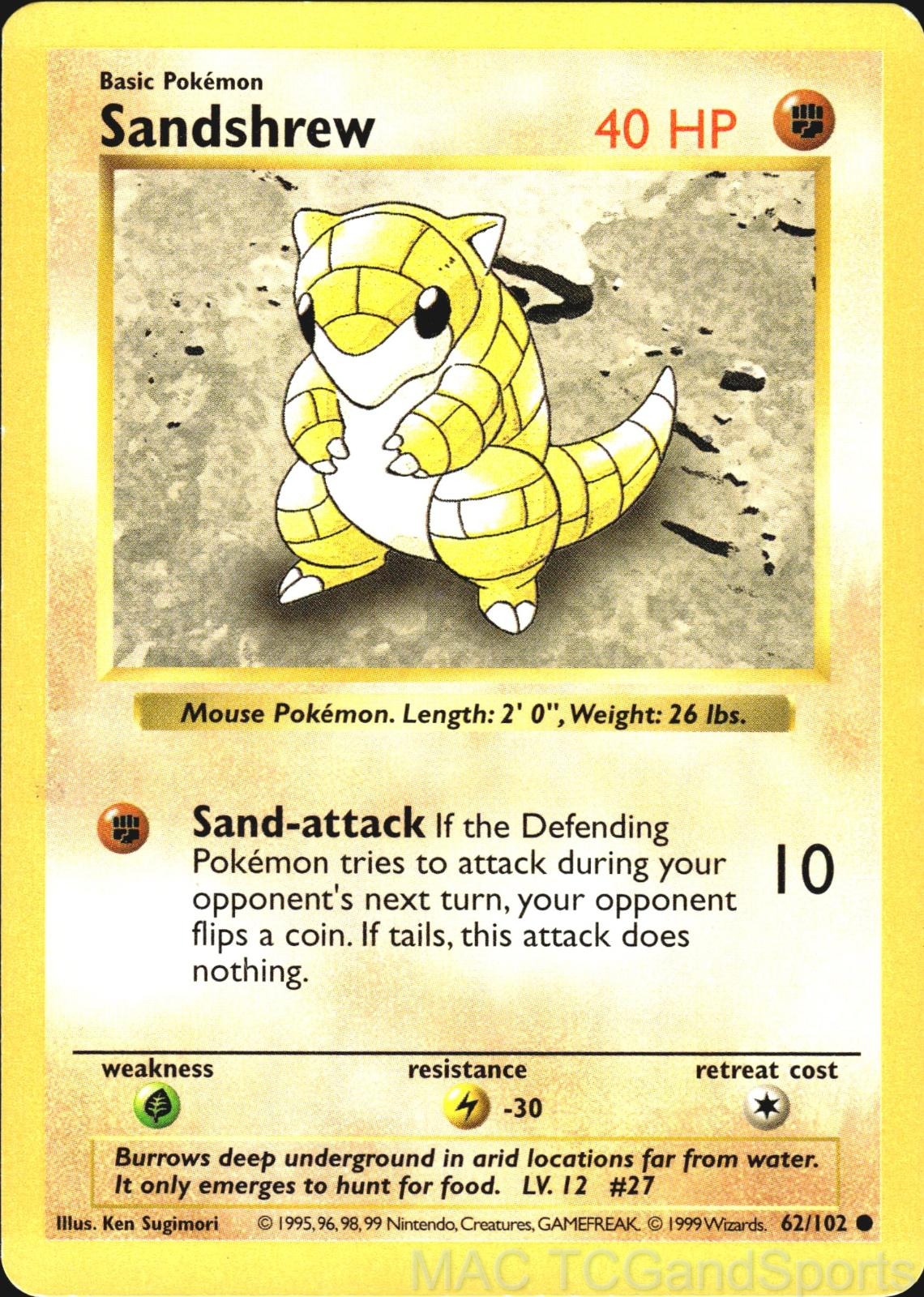 Sandshrew 62/102 Unlimited Base Set Shadowless Pokemon TCG LP