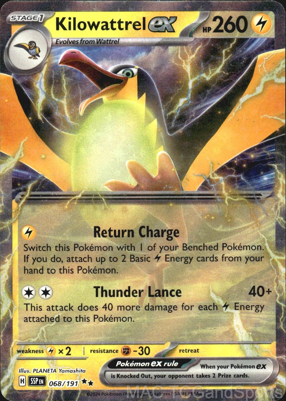 Kilowattrel ex 068/191 Holo Surging Sparks Pokemon TCG NM