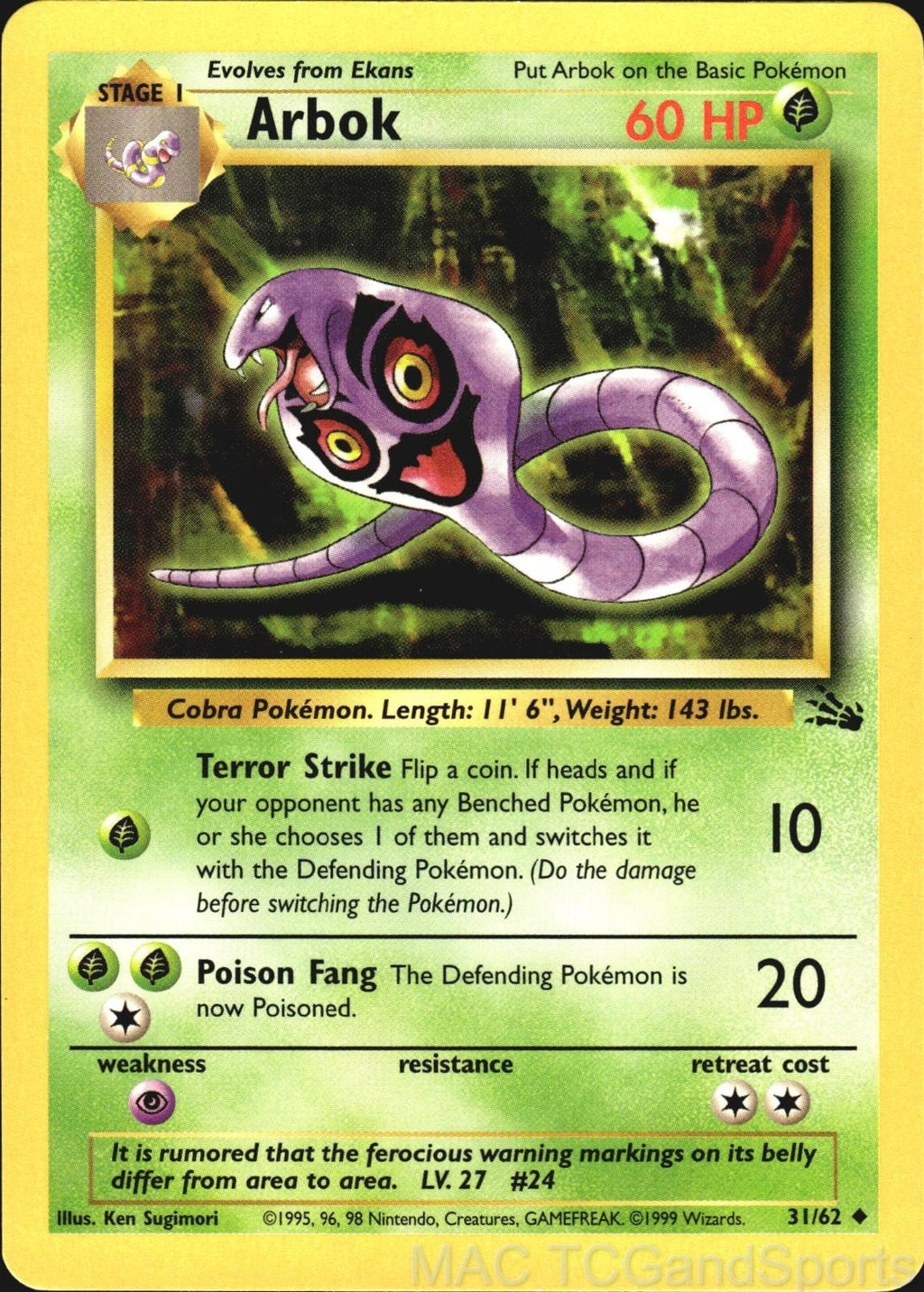 Arbok 31/62 Unlimited Fossil Pokemon TCG LP