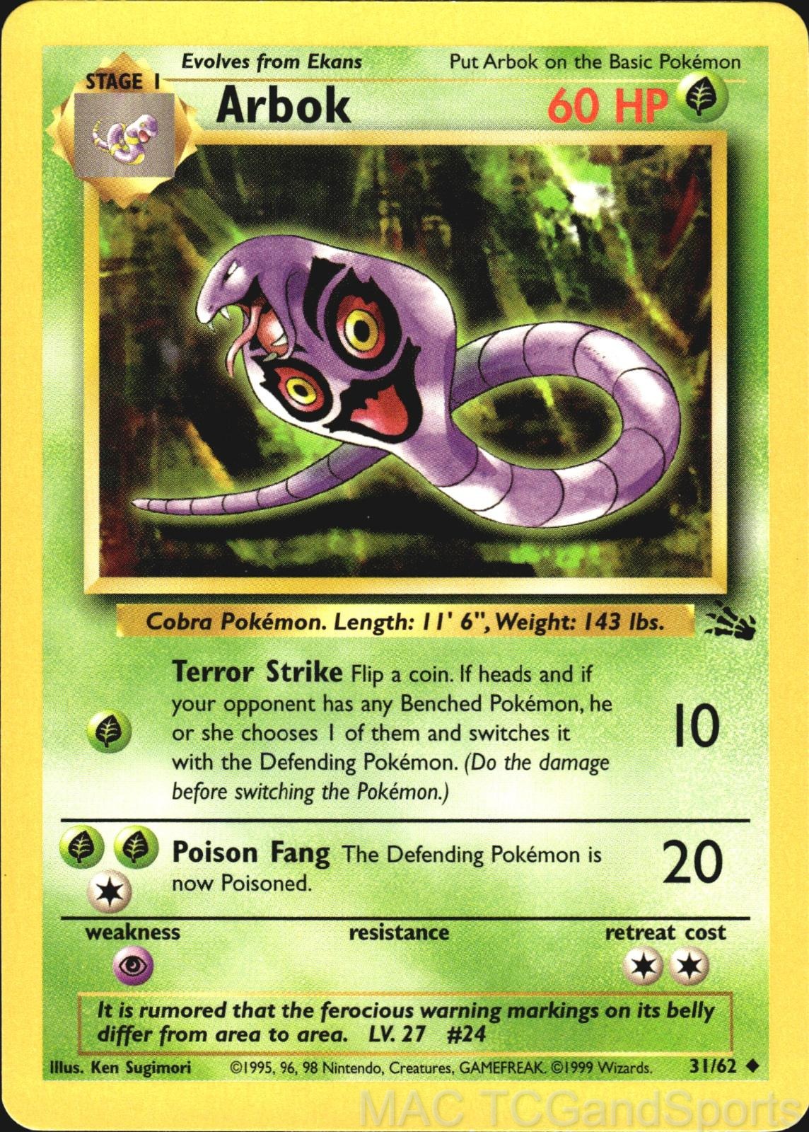 Arbok 31/62 Unlimited Fossil Pokemon TCG LP