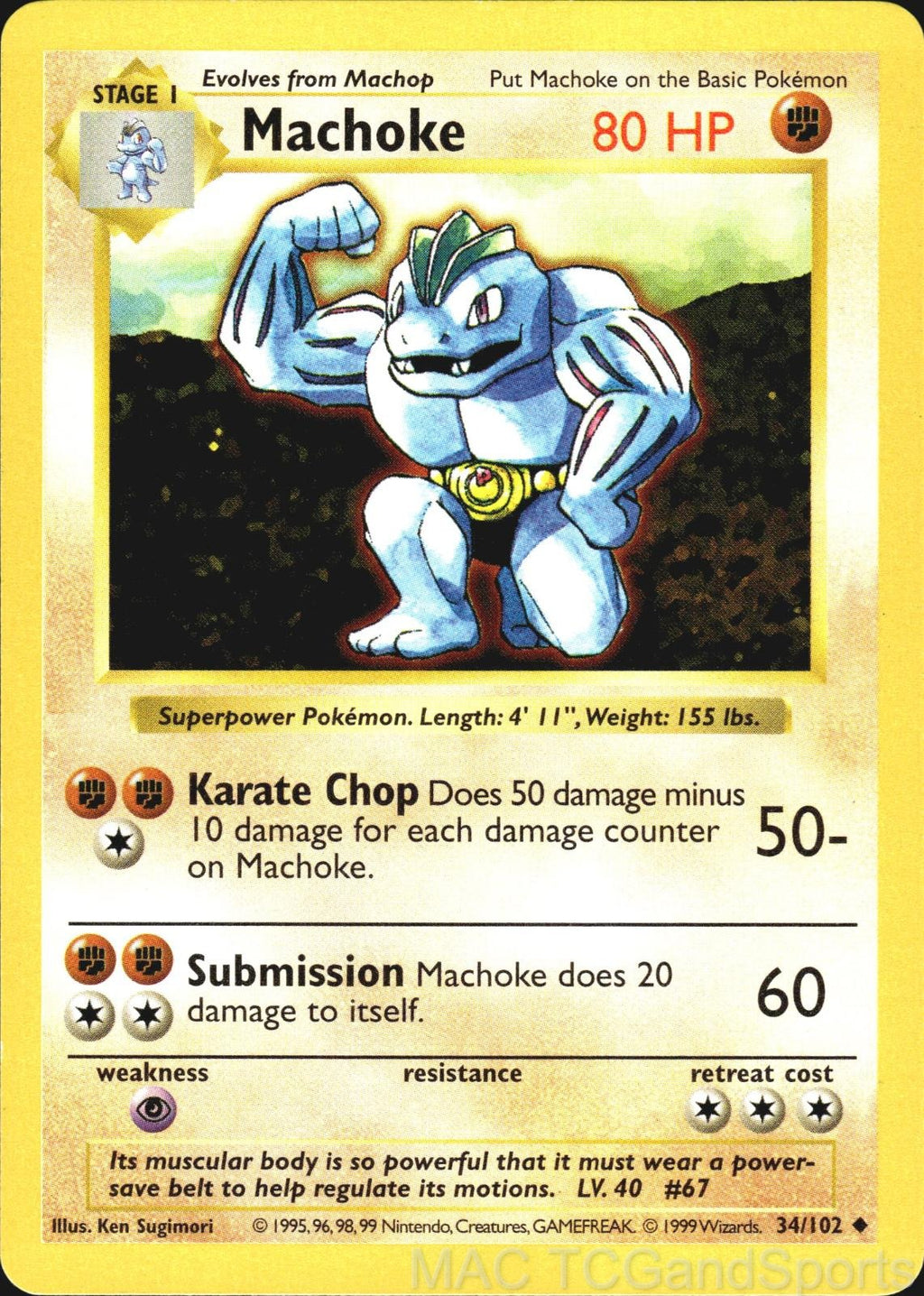Machoke 34/102 Unlimited Base Set Shadowless Pokemon TCG LP